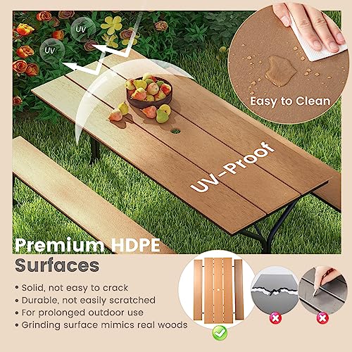 Giantex 6 FT Outdoor Picnic Table Bench Set for 6-8 People, 2400 LBS Capacity Patio Dining Table & 2 Benches with Metal Frame & HDPE, Balcony Conversation Set for Poolside Deck Garden (Brown) - color: Brown