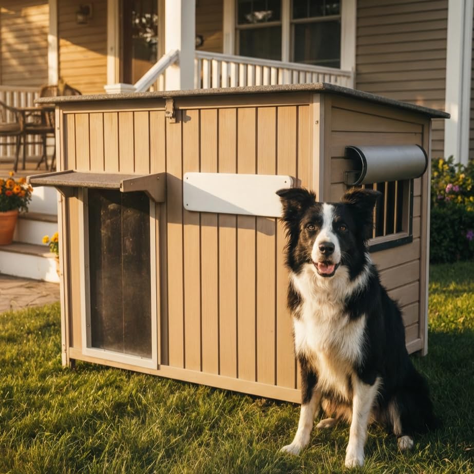Gowoodhut Dog House Outdoor Weatherproof & Wooden Dog Kennel with Chew-Proof Iron Frame，Removable Floor, Adjustable Vent Window, Easy Assembly for Medium Dogs (43.3" L x 29.5" W x 33.5" H) - size: 43" L X 30" W X 33" H