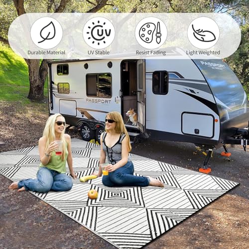 DiiKoo Waterproof Outdoor Rug 8x10ft, Foldable Reversible Plastic Straw Mat for Patio RV Deck Porch Backyard Balcony Camping Picnic Beach Indoor Outdoor, Black&White