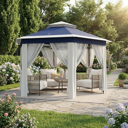 Takywep 13x13 ft Outdoor Gazebo Pop Up Canopy Tent, Heavy Duty Metal Frame, Double UV Protection, Privacy Screen Curtain, 3-Height Adjustable, Wheeled Bag & Ground Stakes for Backyard Patio Bule - color: Blue + Beige