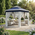 Takywep 13x13 ft Outdoor Gazebo Pop Up Canopy Tent, Heavy Duty Metal Frame, Double UV Protection, Privacy Screen Curtain, 3-Height Adjustable, Wheeled Bag & Ground Stakes for Backyard Patio Bule - color: Blue + Beige