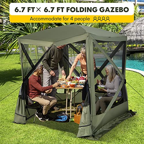 Tangkula 6.7x6.7 Ft Pop Up Gazebo with Netting, Portable Screen Tent with 4 Sided Mesh Walls, 2 Sunshade Cloths, UV 50+ Instant Canopy Shelter with Carry Bag for Camping, Lawn, Backyard - color: Green, size: 6.7x6.7 Ft
