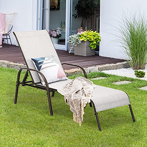 Tangkula Lounge Chair Outdoor, Patio Chaise Lounge with Adjustable Backrest, Reclining Pool Lounge Chair for Outside with Heavy Duty Steel Frame, Suitable for Beach, Yard, Balcony, Poolside - color: Light Grey