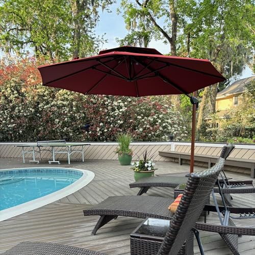 PURPLE LEAF Large 11ft Brick Red Cantilever Umbrella with Base, Windproof and UV Resistant - color: Brick Red, size: 11 Feet, style: Base Included