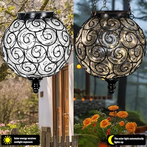 Solar Hanging Lantern Outdoor Garden Lights, Round Glass and Metal Hanging Lantern, 15 Firefly LED Lights, 7 x 20 Inch (Clear) - color: Clear