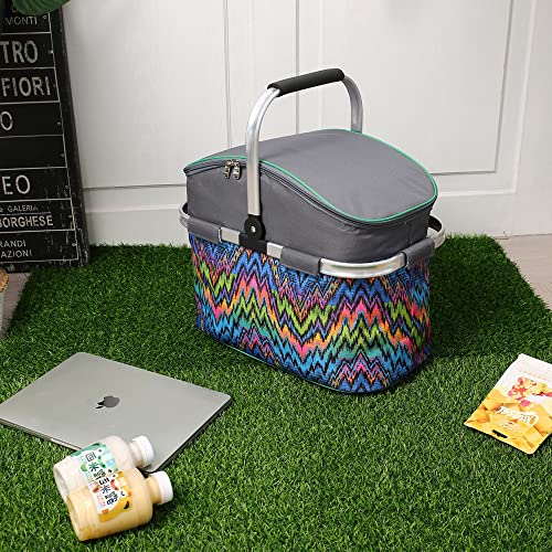 Insulated Picnic Basket 26L Portable Collapsible Market Leakproof Tote with Aluminum Handle for Camping, Shopping, Travel, Large Size (Wave) - color: Wave