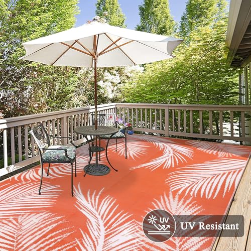Pauwer Waterproof Outdoor Rug 6x9, Reversible Plastic Straw Patio Camping Rug, Indoor Outdoor RV Mat Carpet for Deck, Camper, Porch, Balcony, Backyard, Picnic, Leaf Orange - color: Leaf Orange, size: 6' x 9' (Rectangular)