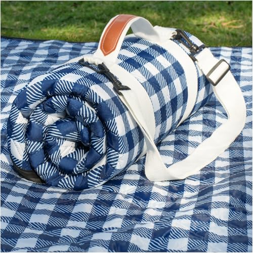 Genovega Waterproof Picnic Blanket Beach Outdoor Mat Rug Registry Wedding Search by Name Must Have Items Newly Wed Married Couple Gifts Bridal Husband Wife Men Women Mr Mrs 1 Anniversary Present - color: Checkered Navy, size: 6'8" x 6'8" (Square)