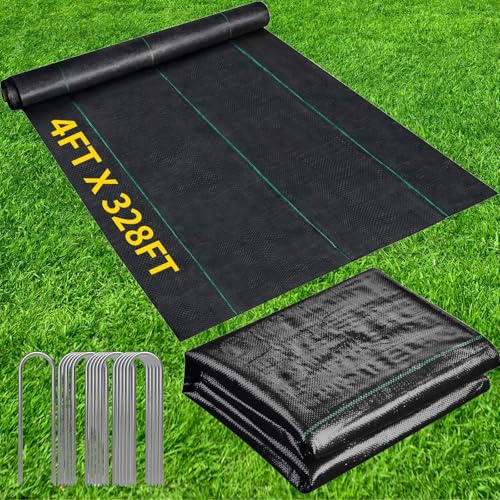 4FT X 328FT Garden Weed Barrier Landscape Fabric Heavy Duty Ultra Thick Premium Weeds Control Mat Ground Cover Weed Block Gardening Mat, 20 Ground Stakes Included - size: 4ft x 328ft