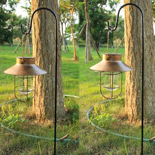 2 Pack Solar Lanterns, Outdoor Hanging Lights Metal with Shepherd Hook Warm White Edison Bulb Design for Garden and Birthday Gifts for Mom Grandma Wife ( Copper) - color: Copper