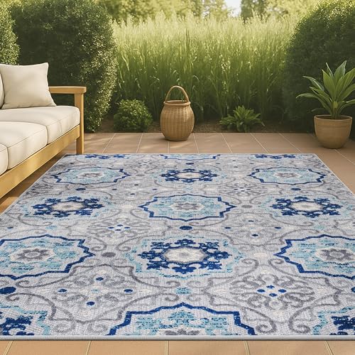 JONATHAN Y Mediterranean Medallion Indoor Outdoor Area Rug 8X10 Blue/Gray, Boho for Backyard, Patio, Porch, Easy-Cleaning, High Traffic, Pet-Friendly, Non-Shedding (AMC101A-8) - size: 7'9" x 10' (Rectangular)
