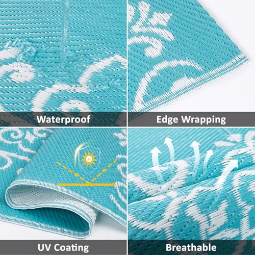 Pauwer Waterproof Outdoor Rug 5x8, Reversible Plastic Straw Patio Camping Rug, Indoor Outdoor RV Mat Carpet for Deck, Camper, Porch, Balcony, Backyard, Picnic, Floral Teal - color: Floral Teal, size: 5' x 8' (Rectangular)