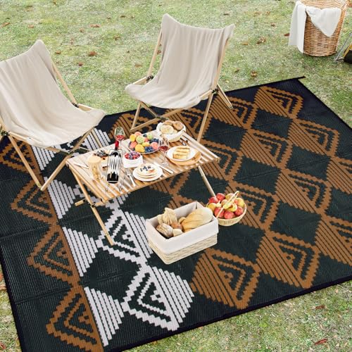 Lahome Outdoor Plastic Straw Rug, Reversible Outdoor Rug Waterproof 6x9 Patio Rugs, Camping Rugs for RV Backyard Deck Porch Picnic Beach Trailer (Black/Brown, 6' x 9') - color: Black/Brown/Checkered, size: 6'x9'