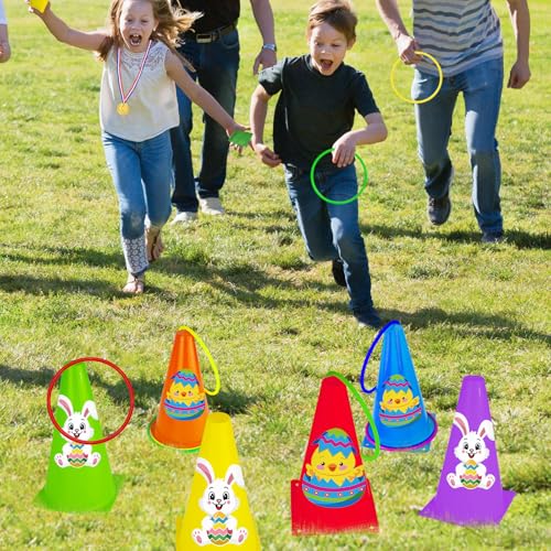 Cinrobiye 62 Pcs Easter Outdoor Games Set, Lawn Field Day Party Games with Potato Sack Race, Egg and Spoon, Three Legged Race, Ring Toss, Bean Bags for Easter Spring Carnival Yard Activities