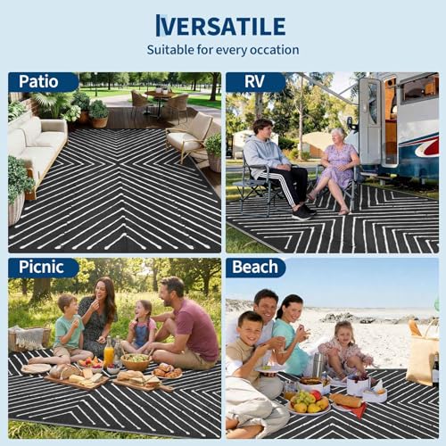 Garvee 8x10 Large Outdoor Rug Waterproof Reversible, Modern Striped Patio Carpet for RV, Deck, Backyard, Black White Outdoor Camping Mat, Black&White. - color: Blackwhite, size: 8' x 10' (Rectangular)
