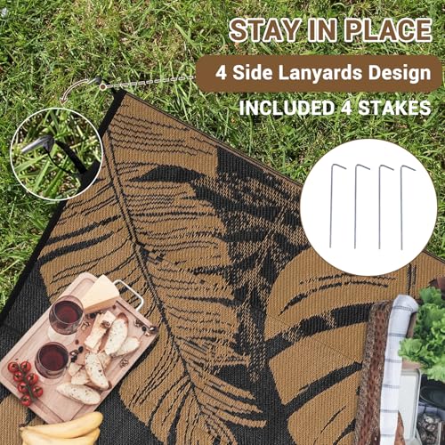 COZYLOOM Outdoor Rugs 8x10 Waterproof for Patios Reversible Plastic Straw Rug Leaf Pattern, Modern Area Rug for Outdoors Backyard Porch Balcony RV Deck Picnic Camping Beach Trailer, Black Brown - color: Leaf Black/Brown, size: 8'x10'