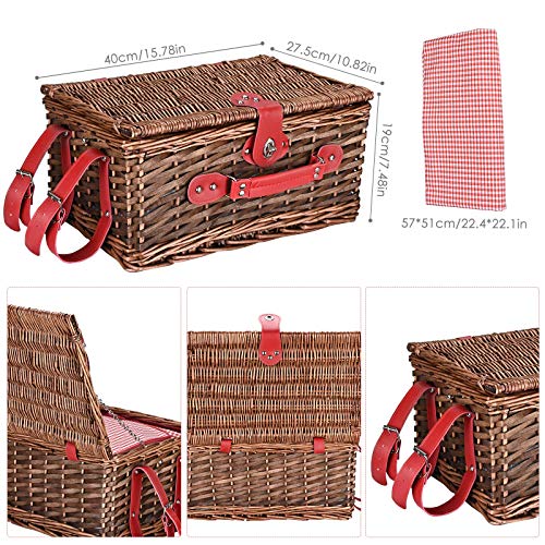 Picnic Basket Set 4 Person Wicker Picnic Basket Handmade Picnic Blanket Equipped with Incubator and Cutlery Suitable for Picnics in Lakeside Parks and Beach Vacations