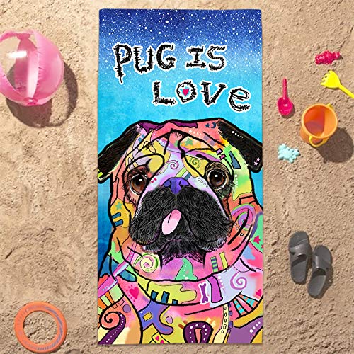 Bonsai Tree Pug Beach Towel, Cute Puppy Dog Themed Microfiber Bath Towel Gifts for Pug Lovers, Funny Abstract Trippy Sand Free Quick Dry Travel Towels for Kids Yoga Sports 30" x 60" - color: Pug 1, size: 30"x60"