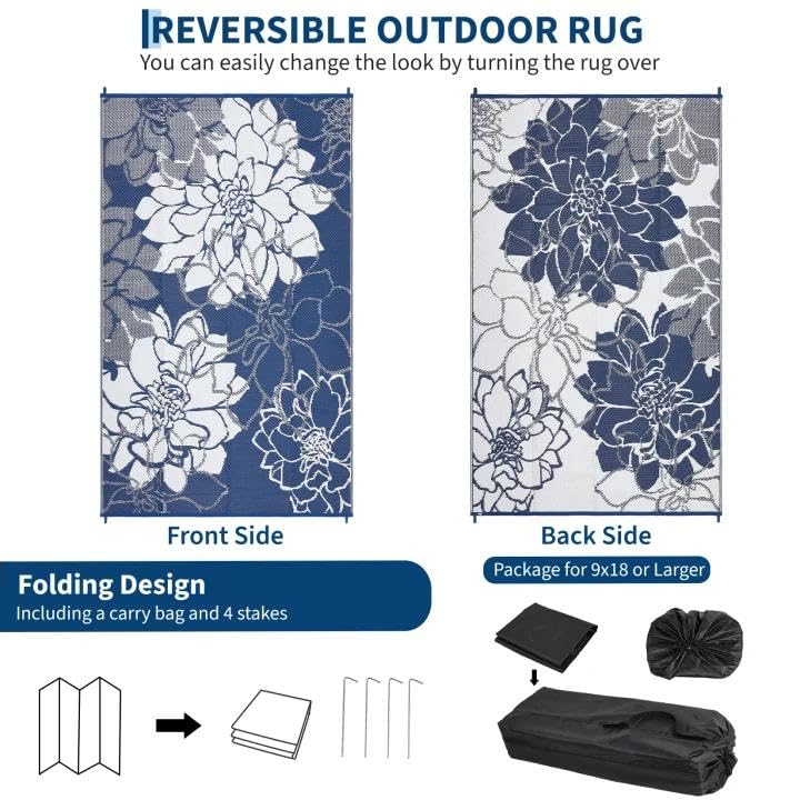 GarveeHome Outdoor Rug Waterproof 9x18 Reversible Mat Floral Camping Rugs Indoor Outdoor Rugs Botanical Carpet Large Area Rug Plastic Straw Rug for Patio Deck Balcony Pool RV Camping, Navy - color: Floral|navy&white, size: 9' x 18' (Rectangular)