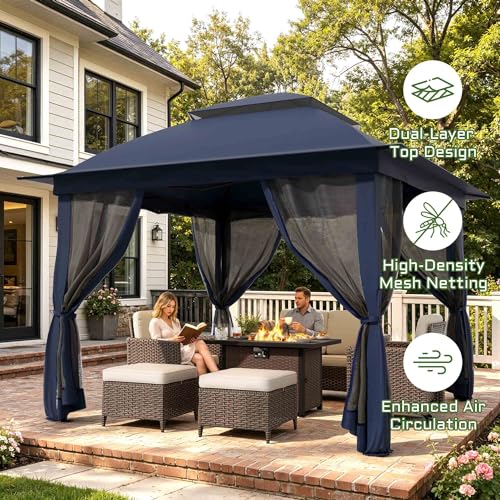 11'X11' Gazebo Pop Up with 4 Sidewalls Mosquito Netting, Heavy Duty Patio Gazebo Canopy Tent with Double Air Roofs for Backyards, Patios, Decks, Gardens, Parks - color: Dark Blue Top