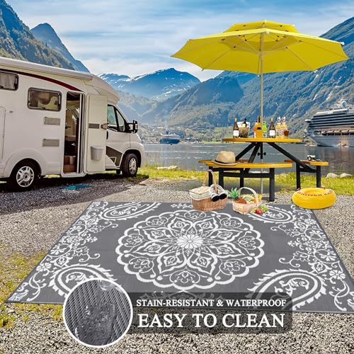 Pauwer Waterproof Outdoor Rug 5x8, Reversible Plastic Straw Patio Camping Rug, Indoor Outdoor RV Mat Carpet for Deck, Camper, Porch, Balcony, Backyard, Picnic, Boho Grey - color: Boho Grey, size: 5' x 8' (Rectangular)