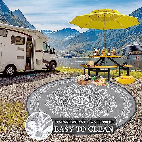 Pauwer Waterproof Outdoor Rug 6ft, Reversible Plastic Straw Patio Camping Rug, Indoor Outdoor RV Mat Carpet for Deck, Camper, Porch, Balcony, Backyard, Picnic, Floral Grey - color: Floral Grey, size: 6' (Round)