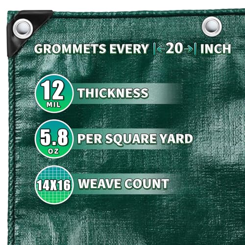 Green Heavy Duty Tarp 12x16 Feet, 12 Mil Thick Waterproof Poly Tarps Cover UV Resistant, Rip & Tear Proof with Metal Grommets Every 20 Inche - color: Green, size: 12x16 Ft