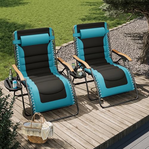 PHI VILLA XXL Oversized Padded Zero Gravity Chair Set of 2, Foldable Patio Recliner, 30" Wide Seat Anti Gravity Lounger with Armrest and Cup Holder, Support 400 LBS (Aqua Blue) - color: Aqua, style: 2 Pcs