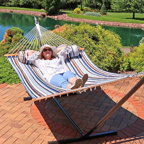 Sunnydaze Quilted Double Hammock for Outside with Spreader Bars and Pillow - 450 lb Capacity, 74x55 Inch Bed, UV Resistant, Quick Dry - Chains Included, Stand Sold Separately - Ocean Isle - color: Ocean Isle