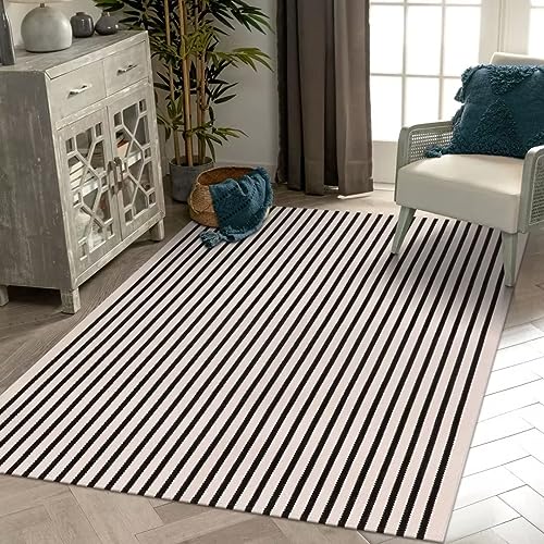 LEEVAN Black and White Striped Patio Outdoor Rug 5x8, Washable Living Room Bedroom Area Rug, Soft Cotton Blend Sturdy Carpet for Kitchen, Dining Room, Playroom, Mudroom, Sunroom - color: Black and White, size: 5' x 7'10" (Rectangular)