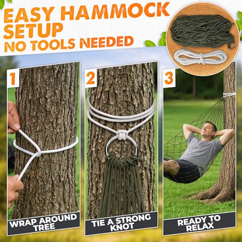 Mesh Hammock - Easy to Set Up Rope Hammocks for Outside, Dark Green Color, 90x31.5 Nylon Net Hammock, Max 100 KG (220 Pounds), Tree Hammocks for Outside, Camping & Patio Relaxation