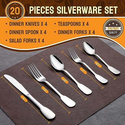 HaWare 18/10 Stainless Steel Flatware, 20-Piece Silverware Set for 4, Premium Cutlery Set for Home Restaurant, Include Knife Fork Spoon, Ergonomic Design Eating Utensils Tableware, Dishwasher Safe - style: Flat Handle