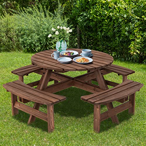 Giantex Wooden Picnic Table Set with Wood Bench, 4 Adults or 8 Kids Outdoor Round Table with Umbrella Hold Design, Perfect for Outdoor Garden Yard Pub Beer Dining, Dark Brown - size: 70.5"L×70.5" W×27.5" H