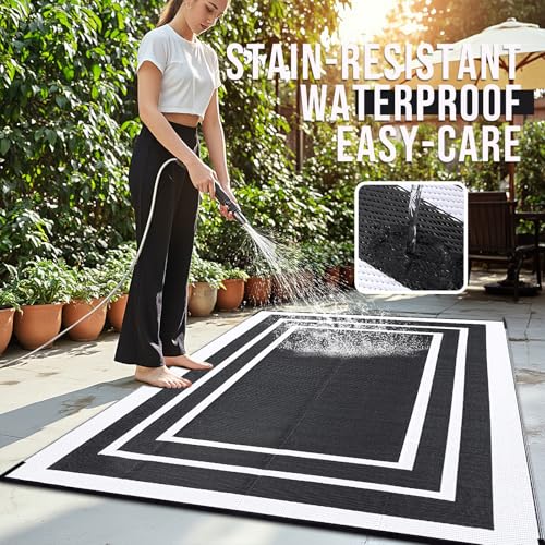 OLANLY Outdoor Rug 6x9 ft Waterproof, Reversible Outdoor Plastic Straw Rug, RV Mat, Indoor Outdoor Carpet Clearance for Patio, Camping, Balcony, Deck, Backyard, Black & White - color: Black & White, size: 6' X 9' (Rectangular)