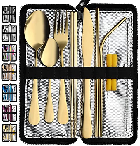 VANDBAO Camping Utensils Set, Portable Travel Utensils with Case for Fixing Tableware, Reusable Stainless Steel Stable Cutlery Set, Lunch Picnic Flatware Silverware (Gold Set) - color: Gold Set, size: 9 Pieces - Medium