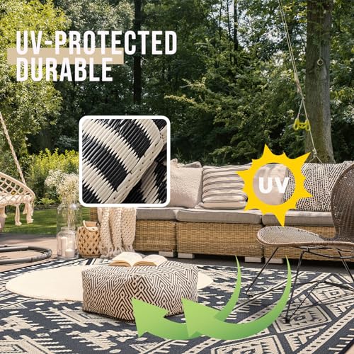OLANLY Outdoor Rug Waterproof 8x10 ft, Reversible Outdoor Plastic Straw Rug, Boho Patio Rug, Indoor Outdoor Carpet, RV Mat Outside for Patio, Camp, Picnic, Balcony, Deck, Backyard, Black & Beige - color: Black & Beige, size: 8' X 10' (Rectangular)