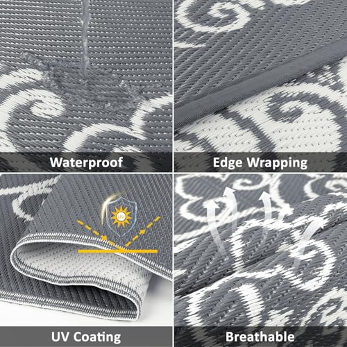 Pauwer Waterproof Outdoor Rug 6x9, Reversible Plastic Straw Patio Camping Rug, Indoor Outdoor RV Mat Carpet for Deck, Camper, Porch, Balcony, Backyard, Picnic, Floral Grey - color: Floral Grey, size: 6' x 9' (Rectangular)