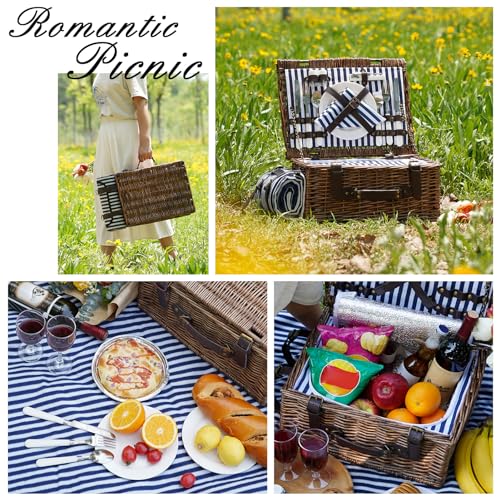 Picnic Basket for 2 Persons - Baskets with Cooler and Picnic Blanket, Classical Wicker Picnic Basket with Waterproof & Sand-Proof Beach Mat,Willow Hamper Service Set - size: 15.43" for 2 Persons with Cooler