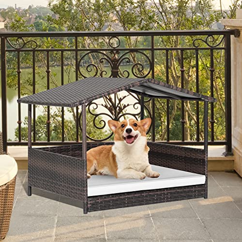 Giantex Wicker Dog House, Raised Rattan Dog Bed with Waterproof Roof, Washable Cushion Cover, Steel Frame, Indoor Outdoor Elevated Dog Bed Pet House for Small Medium Dogs Cats, Easy Assembly - style: Brown House & White Cushion