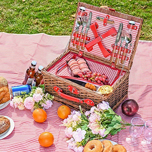 Picnic Basket Set 4 Person Wicker Picnic Basket Handmade Picnic Blanket Equipped with Incubator and Cutlery Suitable for Picnics in Lakeside Parks and Beach Vacations