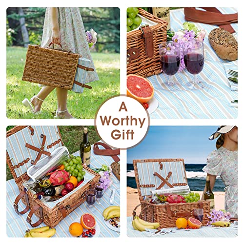 Picnic Cooler Basket Set for 2 Persons with Large Waterproof Picnic Blanket, Cutlery Service Kit and Adjustable Strap - color: Honey Color for 2 Persons With Strap