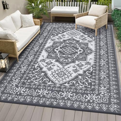 COZYLOOM Large Outdoor Rug 8x10 Patio Waterproof Reversible Mat Palm Retro Oriental Camping Rugs Indoor Outdoor Rugs Carpet Plastic Straw Rug for Deck Balcony Pool RV Camping, Grey and White - color: Vintage Grey/White, size: 8' x 10' (Rectangular)
