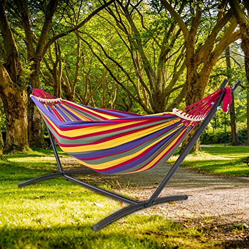 SZHLUX Double Hammock with Stand Included 450lb Capacity Steel Stand, Premium Carry Bag Included.Indoor Outdoor Brazilian-Style Cotton Bed for Backyard, Camping,Garden - color: Rainbow