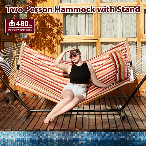 Homgava Two Person Hammock with Stand for Outside Heavy Duty, Outdoor Patio Hammock with Portable Steel Stand, Large Double Hammocks,480lbs Capacity.(Red) - color: Red