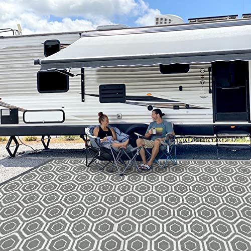 fifame Outdoor Camping Rugs, 9x18 Outdoor Rug Patios Clearance Plastic Straw Rug Weatherproof Reversible Mats, Large Floor Mat for Outdoors, RV, Patio, Backyard, Deck, Picnic, Beach, Trailer, Camping - color: Grey & White, size: 9' x 18'