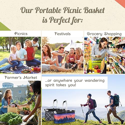 Picnic Basket for Camping - Collapsable Picnic Basket for Picnics, Grocery, & Festivals - Sturdy Food Picnic Basket with Zipper Pocket & Built-in Clip - 16” x 17” Scenic Sunset Basket, Camp Casual