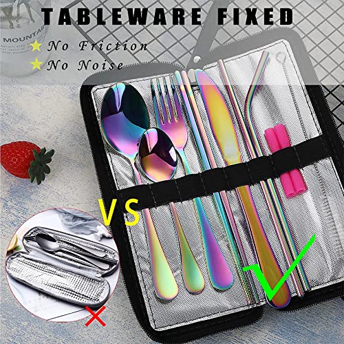 VANDBAO Camping Utensils Set, Portable Travel Utensils with Case for Fixing Tableware, Reusable Stainless Steel Stable Cutlery Set, Lunch Picnic Flatware Silverware (Rainbow Set) - color: Rainbow Set, size: 9 Pieces - Medium