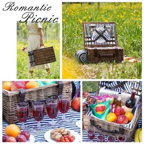 Picnic Basket for 4 Persons - Baskets with Cooler and Picnic Blanket, Classical Wicker Picnic Basket with Waterproof & Sand-Proof Beach Mat,Willow Hamper Service Gift Set - size: 15.53" for 4 Persons With Cooler