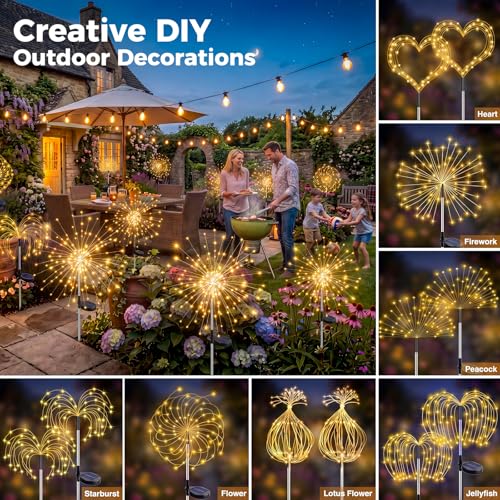 btfarm 2 Pack Solar Garden Lights Outdoor 8 Modes, 120 LED Firework Lights Solar Powered, Waterproof Twinkle Fairy Light Outside for Yard Pathway Lawn Pool Patio Christmas Decorative, Warm White - color: Warm White, size: 2 Pack