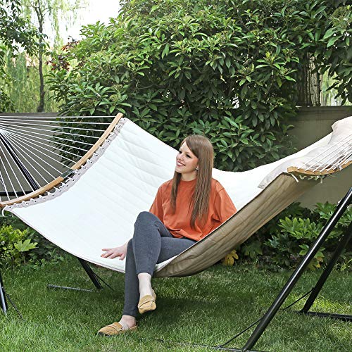 SONGMICS Hammock, Quilted Hammock with Curved Bamboo Spreaders, Pillow, 78.7 x 55.1 Inches, Portable Padded Hammock Holds up to 495 lb, Cream and Beige UGDC34BE - color: Cream + Beige